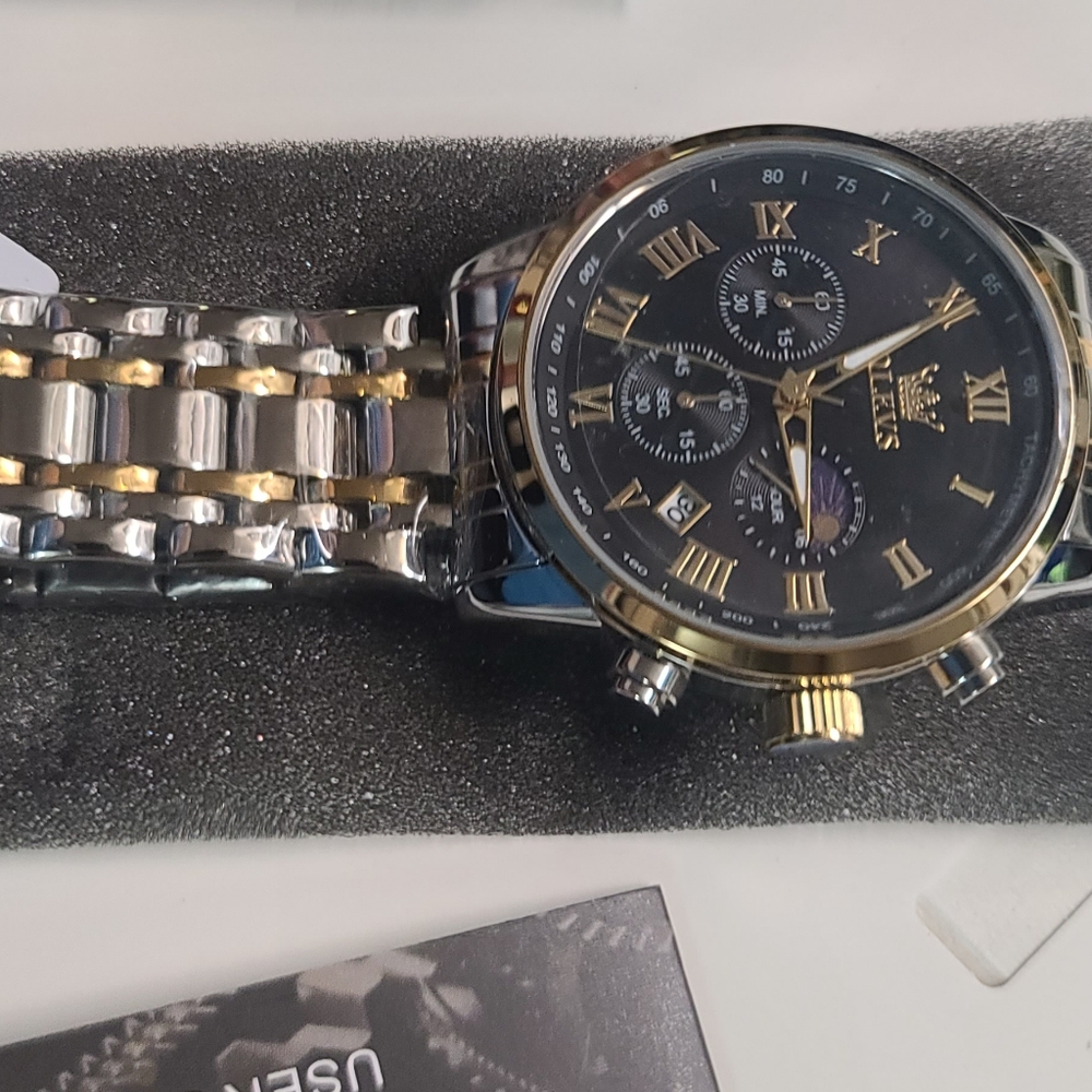 Silver and Gold Wristwatch with Black Dial